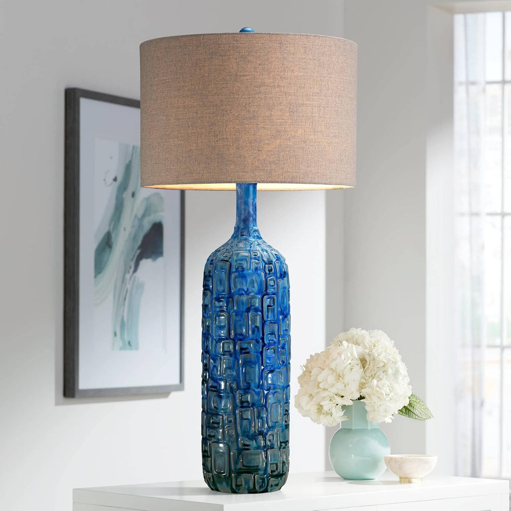 Possini Euro Design 36' Tall Large Mid Century Modern Farmhouse Rustic Coastal End Table Lamps Set of 2 Teal Blue Ceramic Living Room Bedroom Bedside Nightstand House Office Home Reading Tan Shade