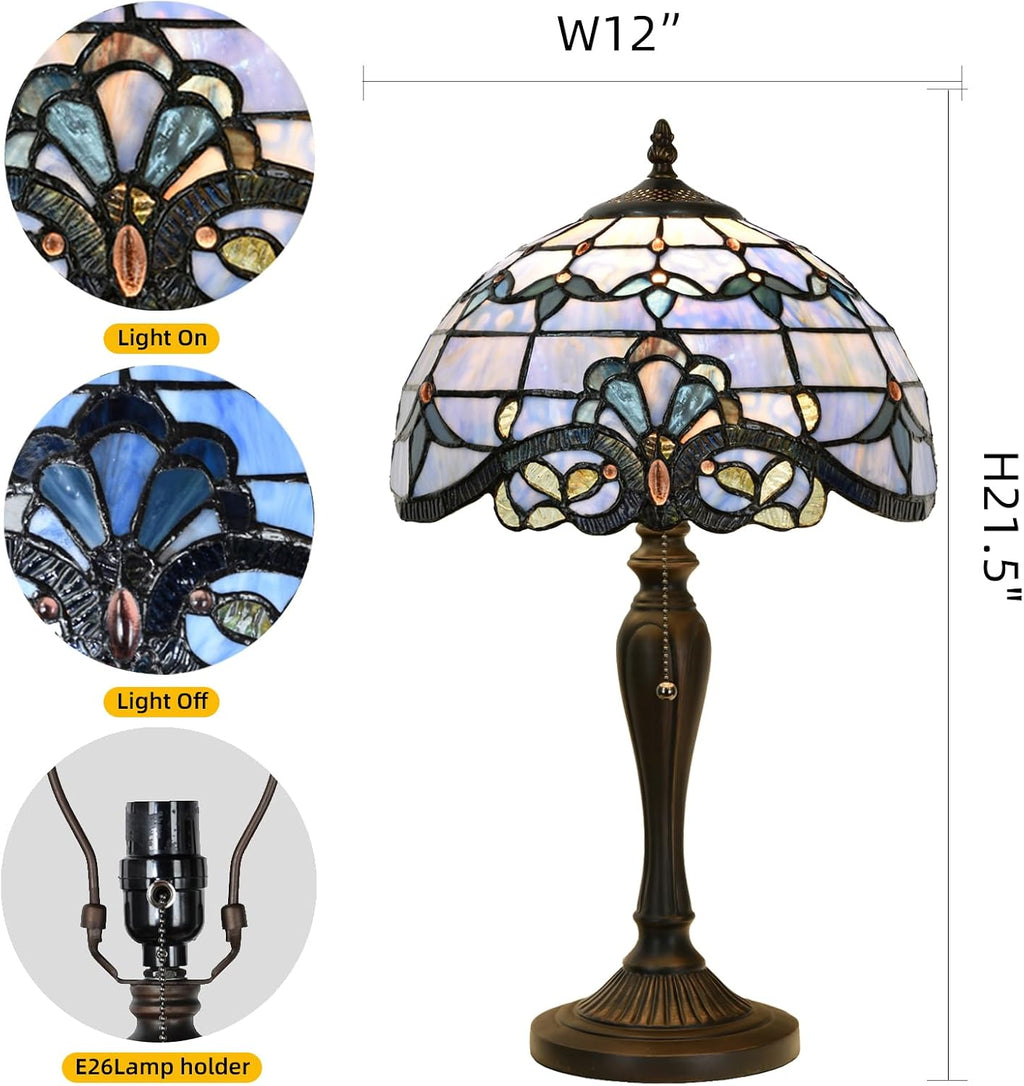 TL0015 Tiffany Table Lamp, Blue Baroque Stained Glass Shade, W12×OH21.5in, LED Bulb Included, for Bedroom Living Room (Blue Baroque)