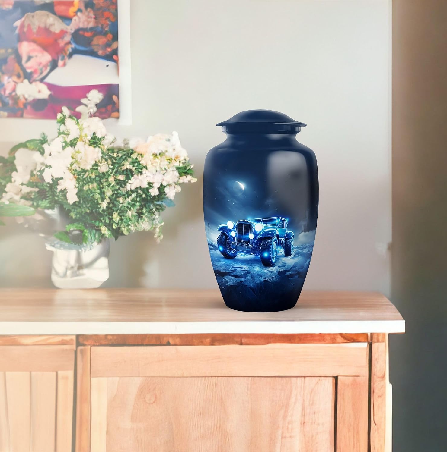 Blue Vintage Car Large Burial Urn for Ashes Adult - Memorial Cremation Urns for Human Ashes - Keepsake Decorative Funeral Ash Holder for Adult Male & Female - Set of 5-10 Inch, 3 Inch