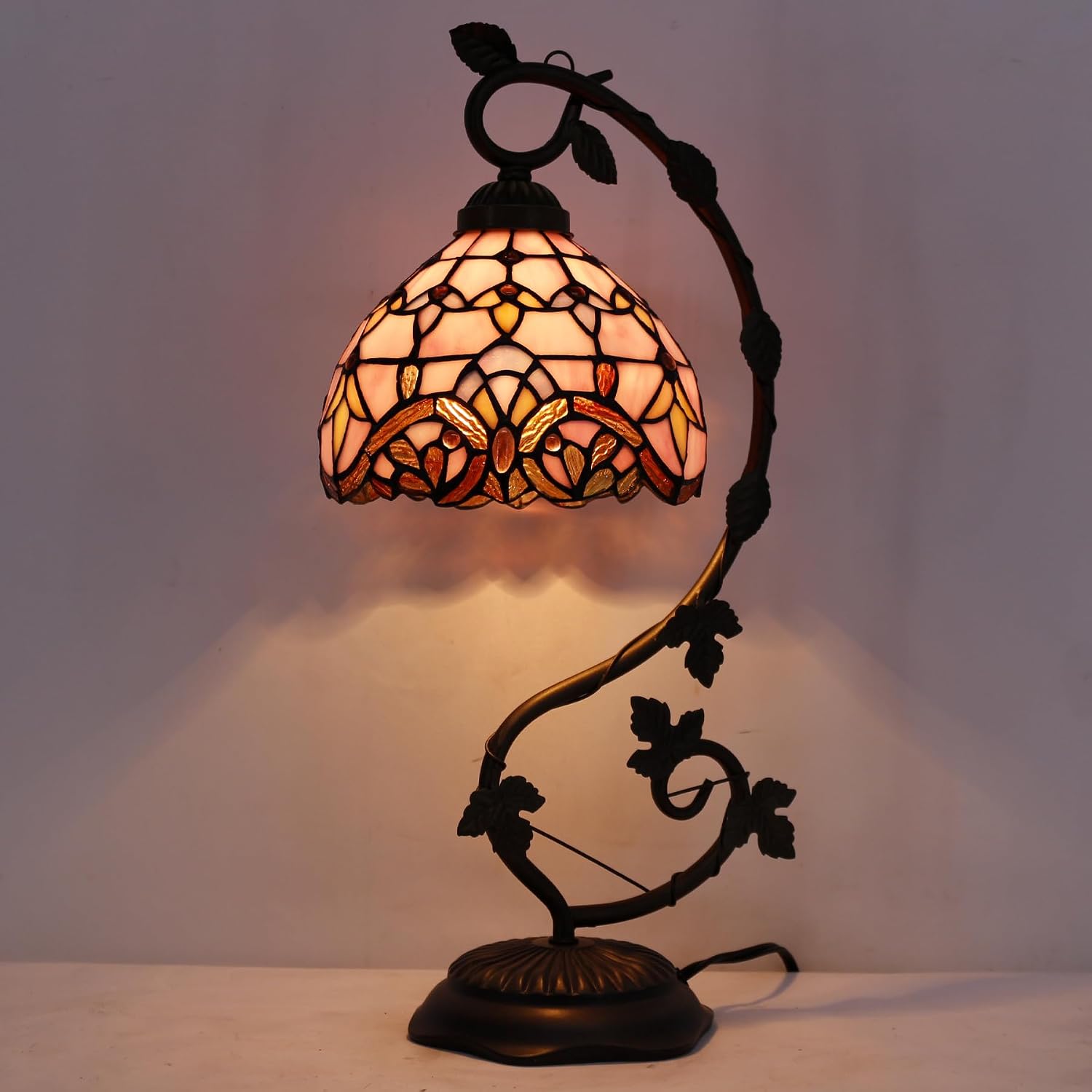 WERFACTORY Tiffany Table Lamp Pink Stained Glass Baroque Style Reading Desk Light, Metal Leaf Base 8X10X21 Inches Decor Small Space Bedside Bedroom Home Office S003P Series