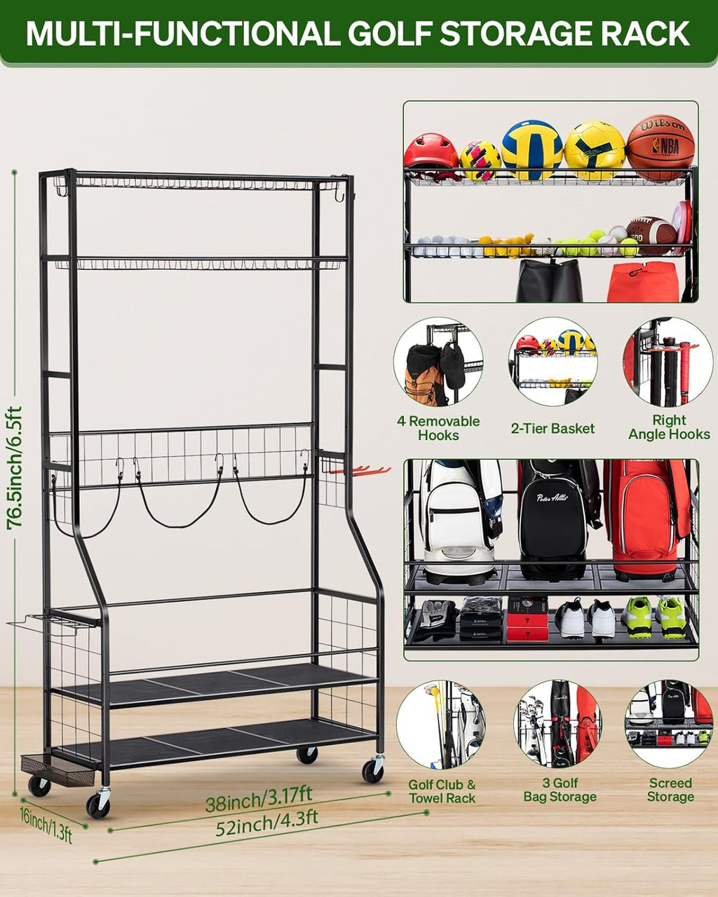 FHXZH Golf Bags Storage Garage Organizer - Stand for Single Golf Bags, Clubs, and Equipment Accessories with Wheels