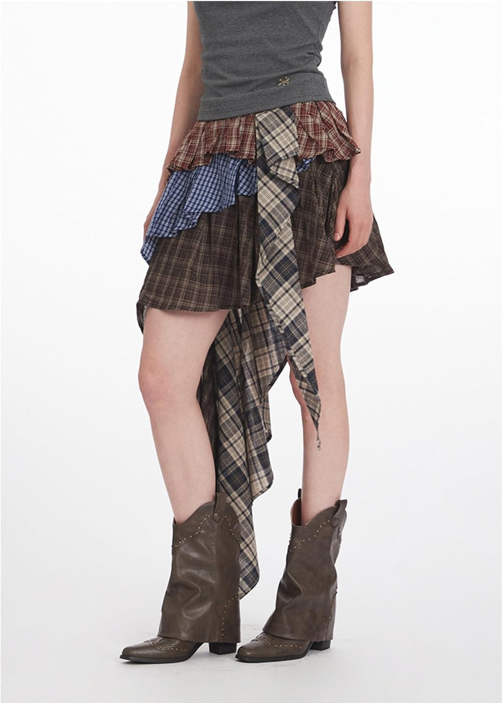 Plaid Splicing Skirts for Women Irregular Ruffle Hem Sexy High Waist Asymmetrical Mini Skirt with Streamers