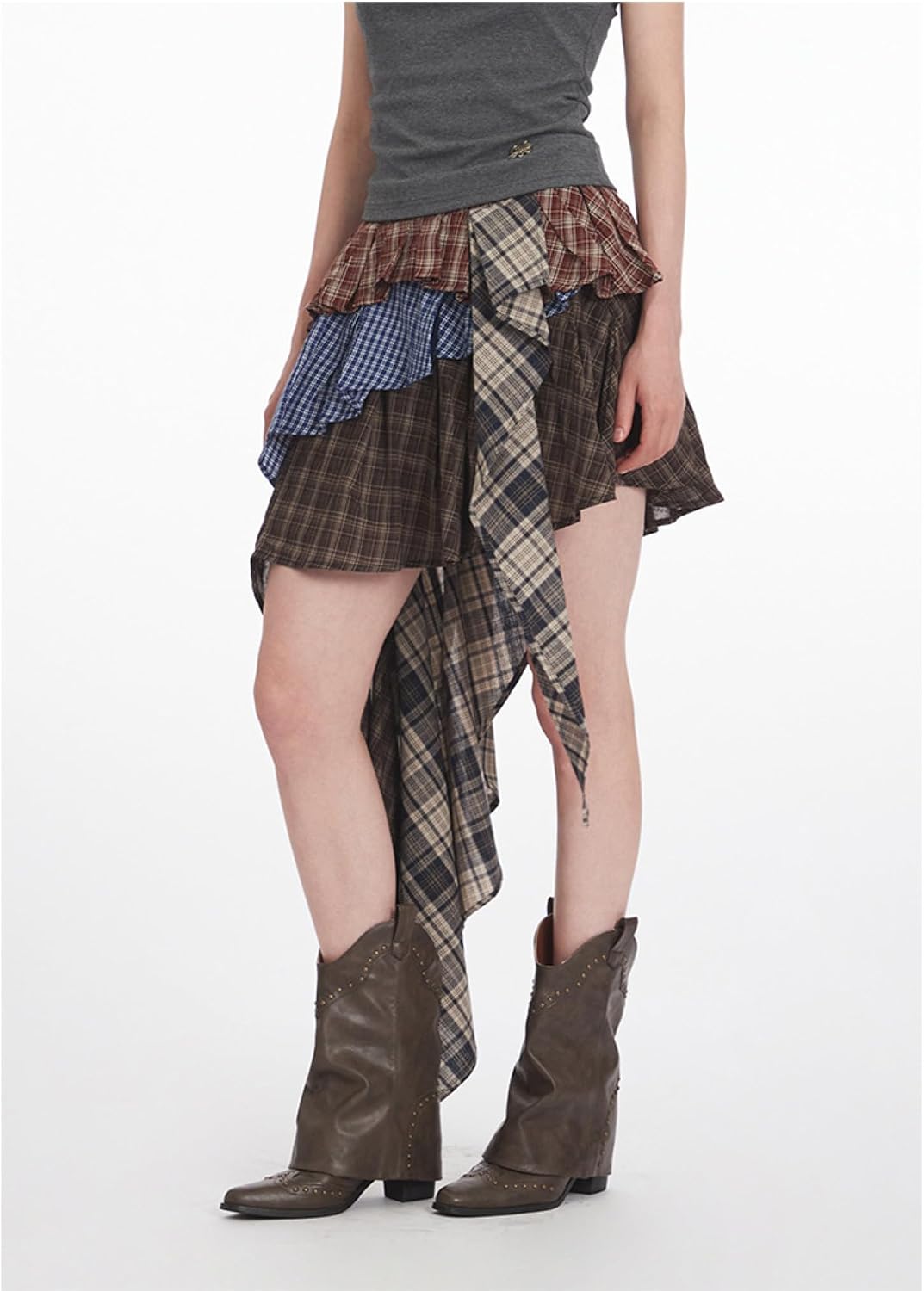 Plaid Splicing Skirts for Women Irregular Ruffle Hem Sexy High Waist Asymmetrical Mini Skirt with Streamers
