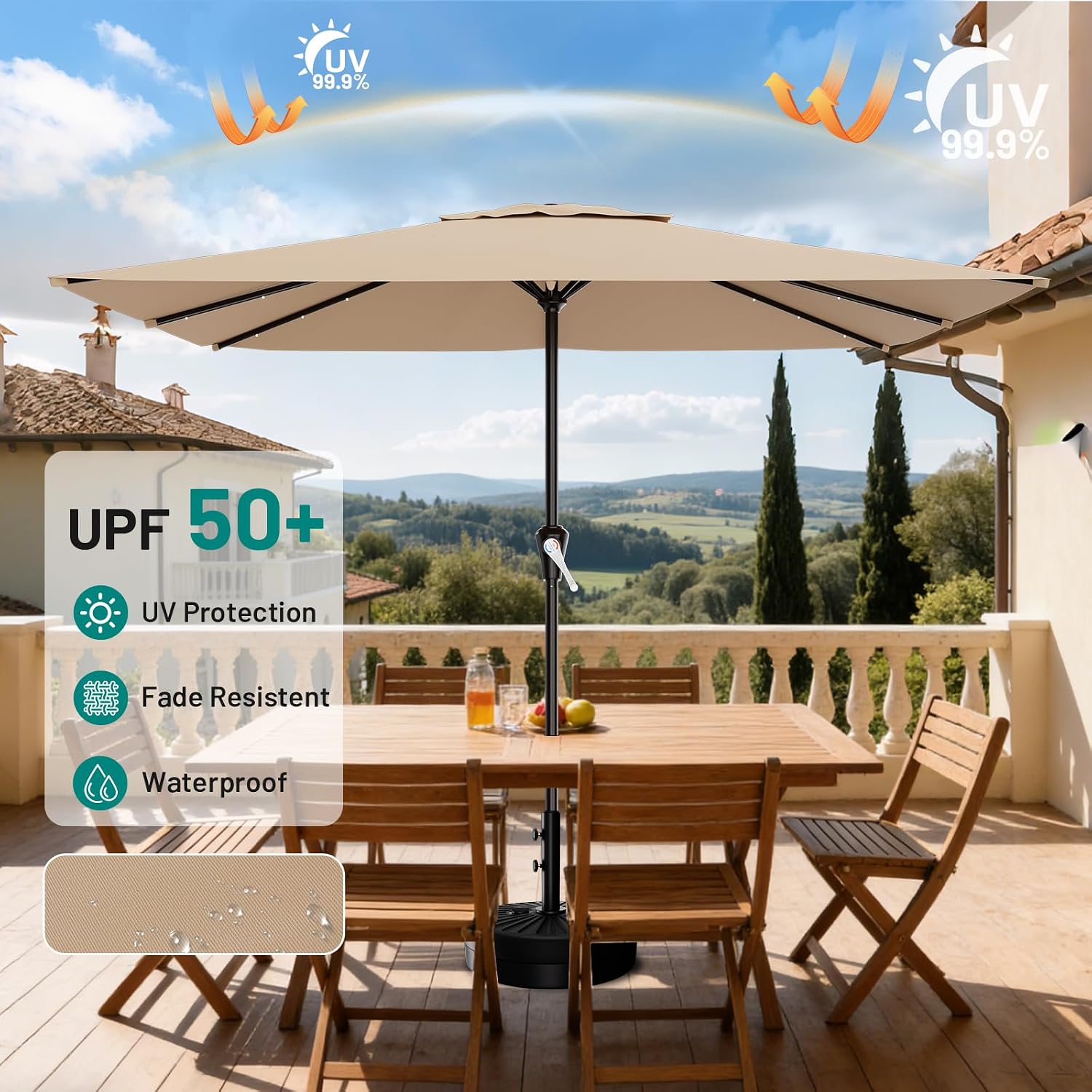 AreShark 8' X 10' Rectangular Patio Umbrella with Solar Lights, Lighted Solar Umbrella with Crank, Outdoor Table Umbrella for Garden, Deck, Backyard, Pool and Beach, Beige