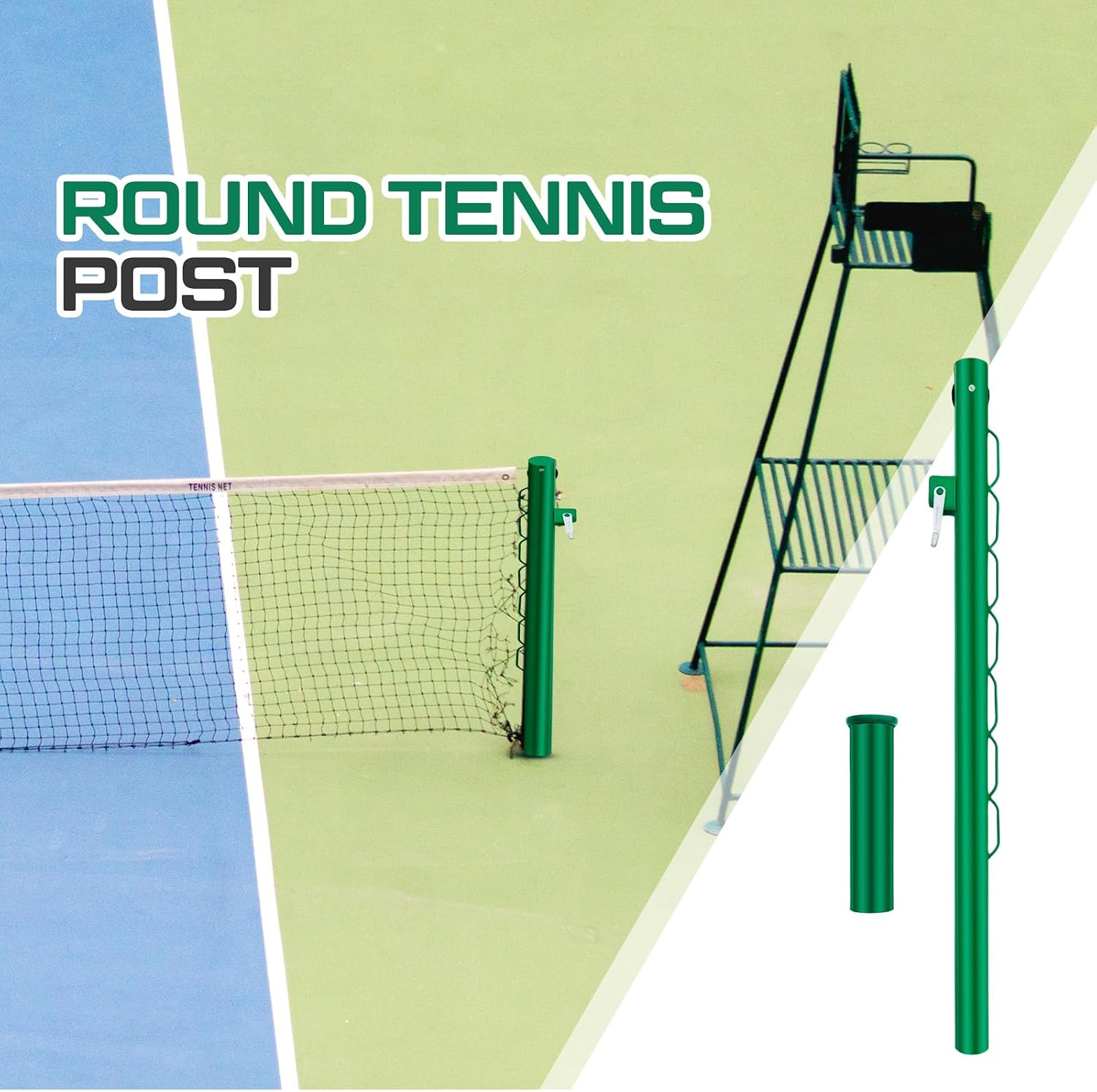 Tennis Posts with Net Crank Outdoor Heavy Duty Professional Green Tennis Permanent Court Kit for Net Quick Fixation System Equipped with a Cable Reel(Round,42 inches)