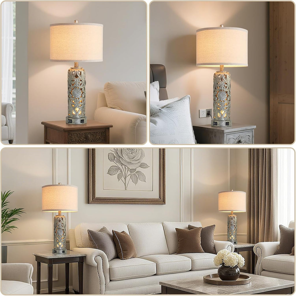 25'' Set of 2 Industrial Table Lamps for Living Room with Dual USB Ports, Vintage Resin Nightstand Lamp for Bedroom with Nightlight, Antique Rustic Desk Lamp for Entryway, 2 Bulbs Included