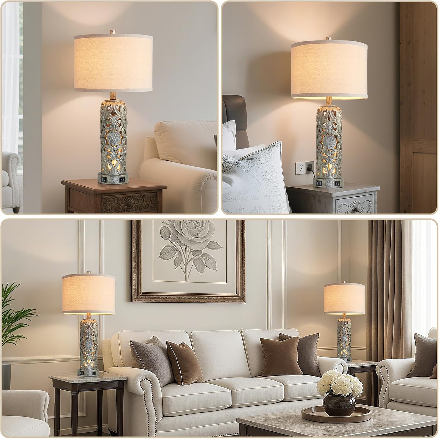 25'' Set of 2 Industrial Table Lamps for Living Room with Dual USB Ports, Vintage Resin Nightstand Lamp for Bedroom with Nightlight, Antique Rustic Desk Lamp for Entryway, 2 Bulbs Included