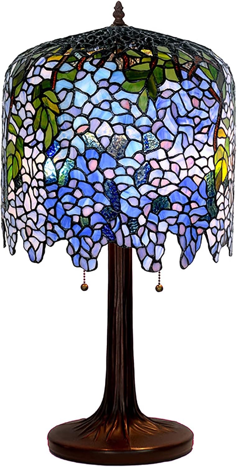 Wisteria Lamp, Tiffany Style Green Pink Stained Glass Table Lamp, Green Leaves Shade Bedroom Bedside Lamp, Living Room Office Table Decoration Lamp with Pull Cord Switch