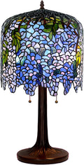 Wisteria Lamp, Tiffany Style Green Pink Stained Glass Table Lamp, Green Leaves Shade Bedroom Bedside Lamp, Living Room Office Table Decoration Lamp with Pull Cord Switch
