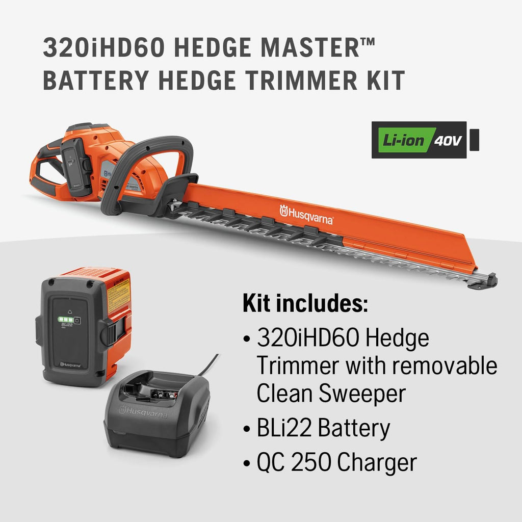 Husqvarna Hedge Master 320iHD60 Battery Hedge Trimmer, 24-Inch Electric Trimmer with Brushless Motor for Efficiency and Durability, 40V Lithium-Ion 4Ah Battery and Charger, 970592602, Gifts for Men