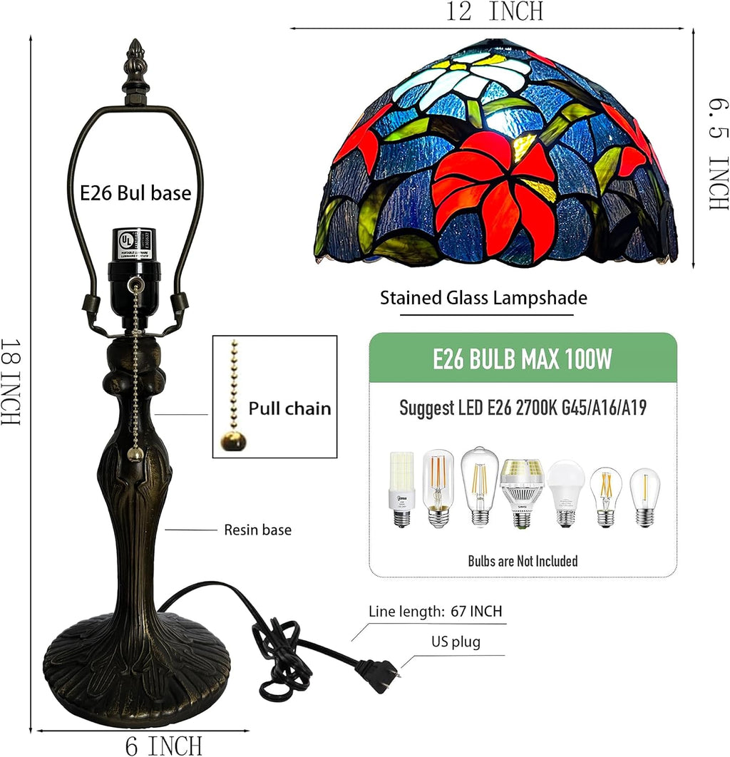 Tiffany Lamp Stained Glass Table Lamp Bedside Reading Lamp 12 x 19' Irises Style Decorative Lamp for Desk Study Living Room Bedroom Office Light Decor Gift