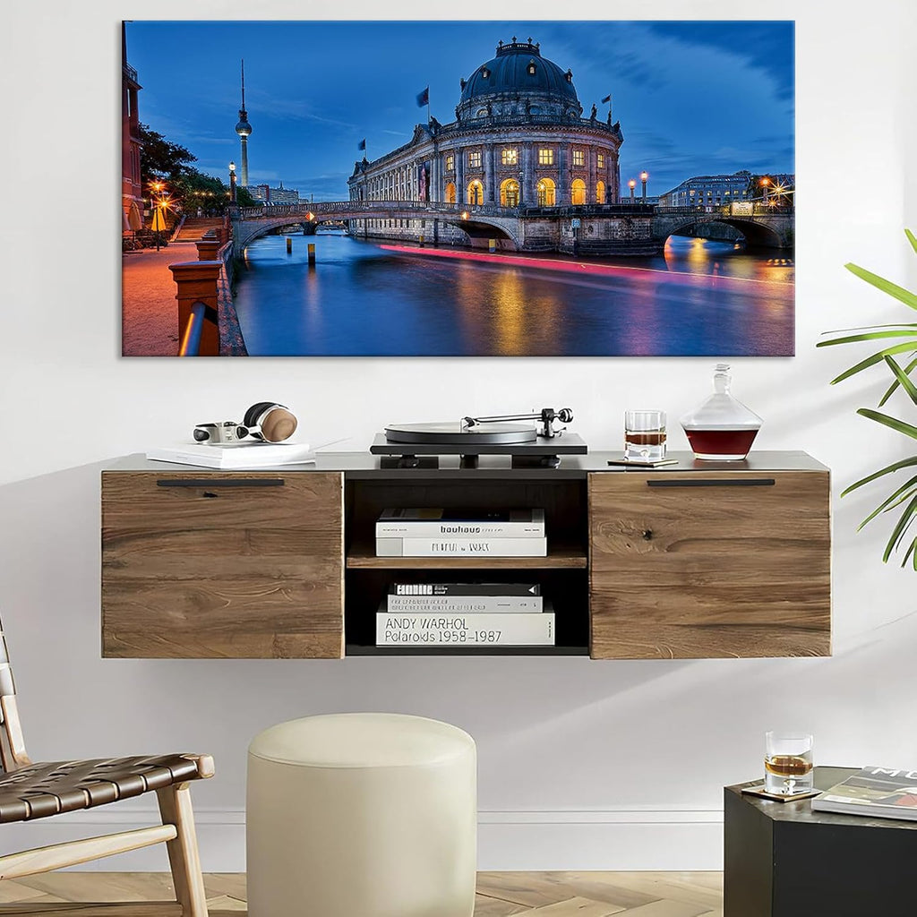 Magical Berlin Dusk Print River Reflection Cityscape Decor European Historic Waterfront Wall Art Enchanted German Capital Poster Vintage Canvas Bedroom Office Picture 20x40inch Framed