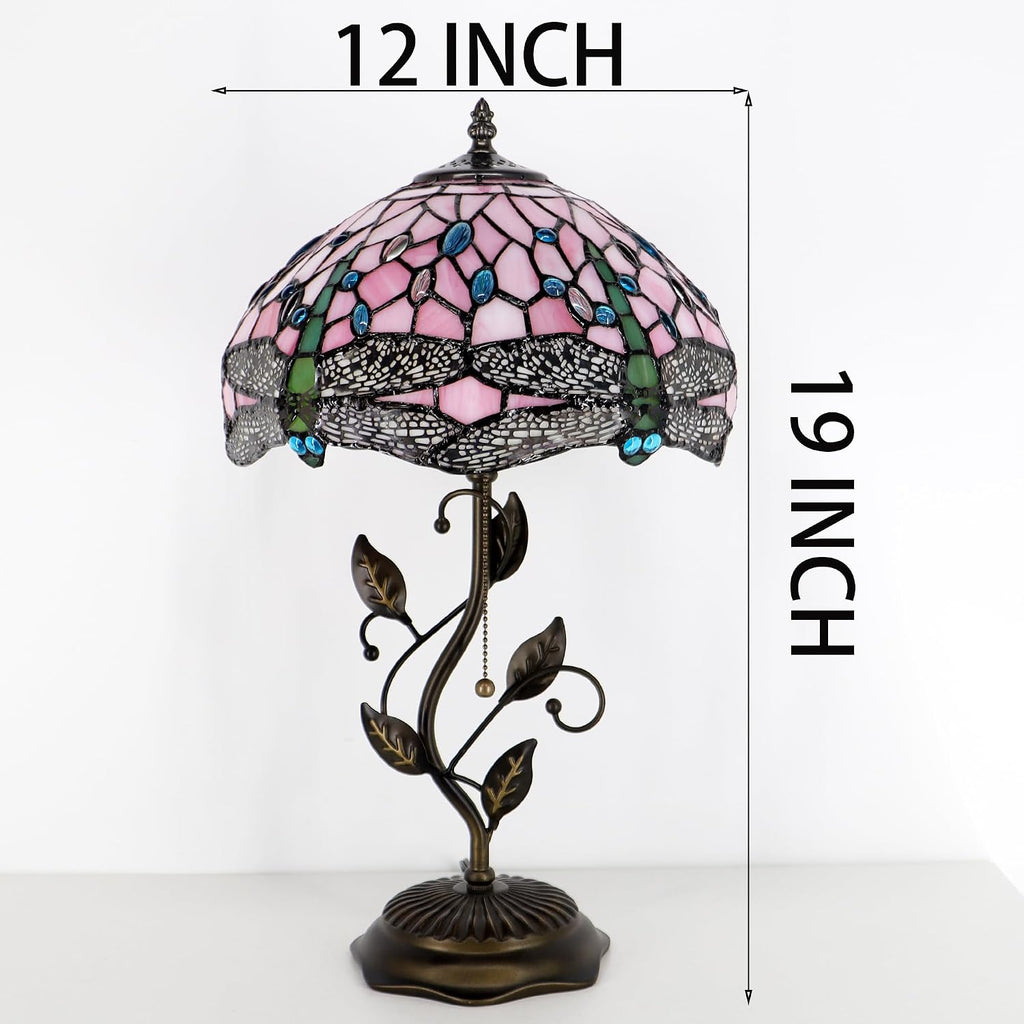 Tiffany Lamp Pink Dragonfly Style Stained Glass Table Lamp Desk Bedside Reading Light 12X12X19 Inches with Metal Leaf Base