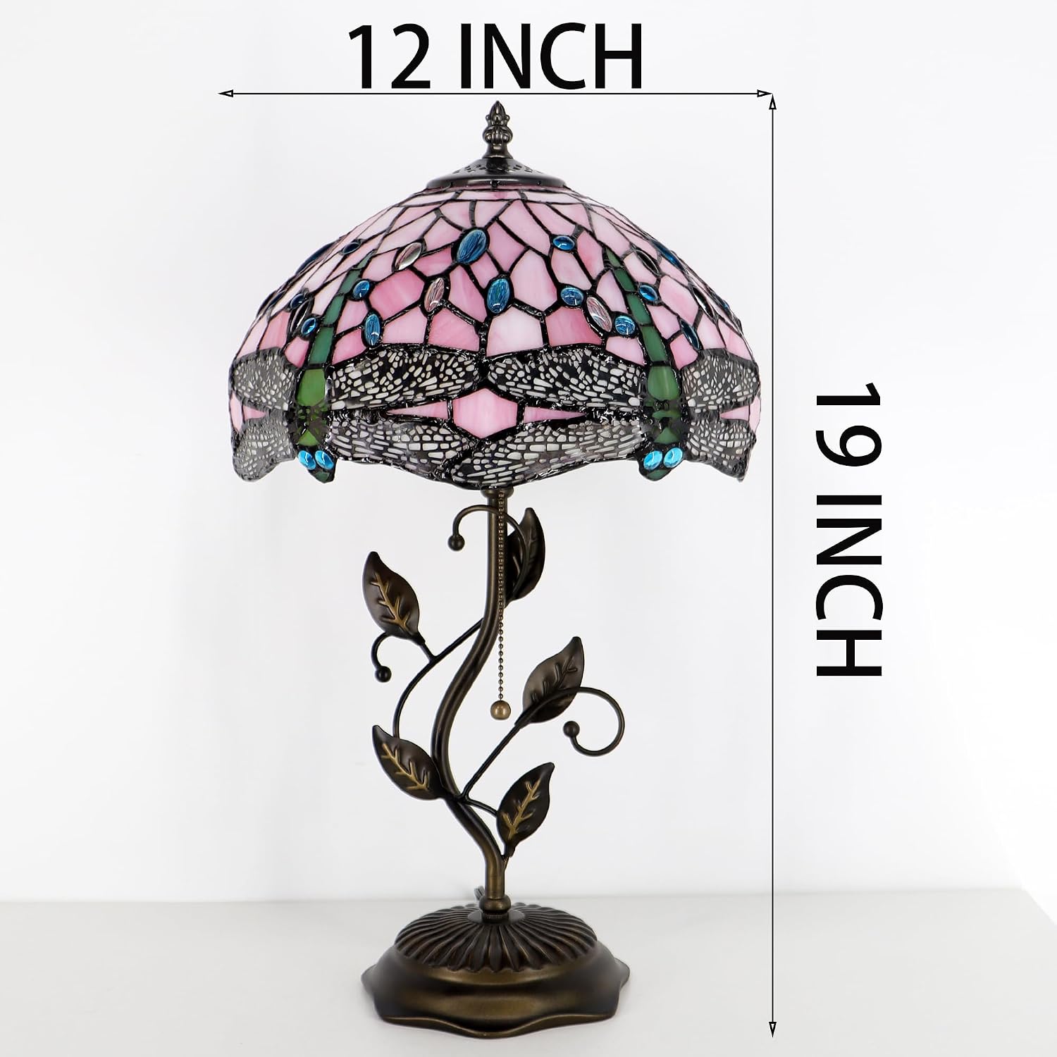Tiffany Lamp Pink Dragonfly Style Stained Glass Table Lamp Desk Bedside Reading Light 12X12X19 Inches with Metal Leaf Base