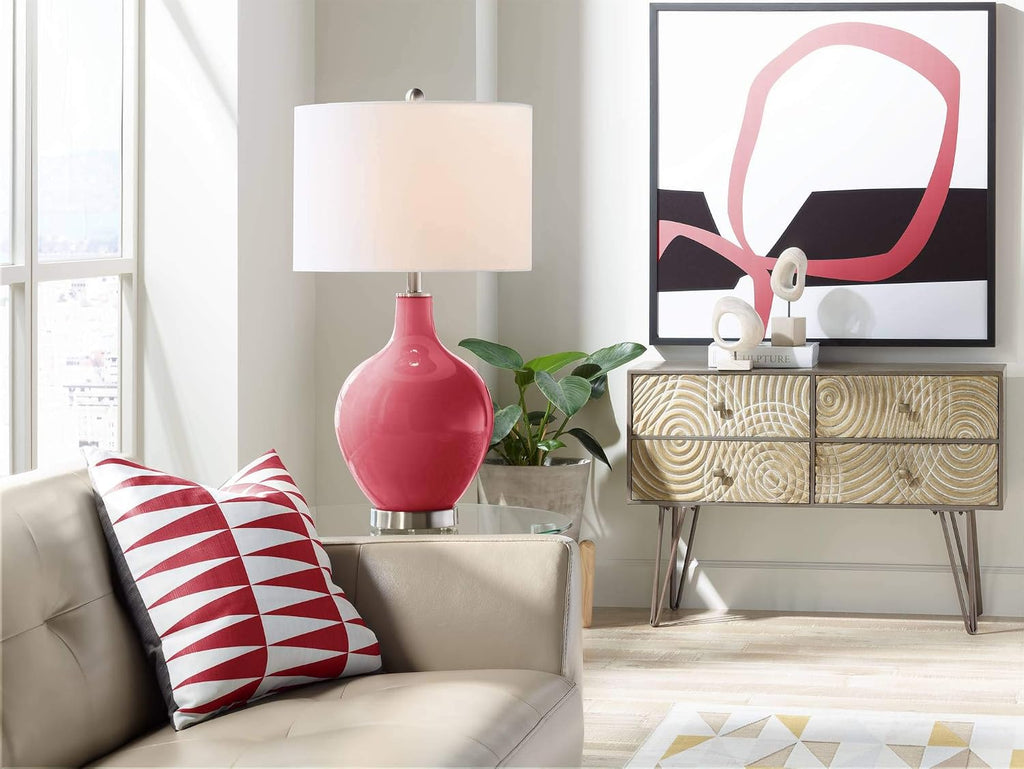 Color + Plus Modern Table Lamp 28.5' Tall Samba Red Glass OVO White Linen Drum Shade for Living Room Family Bedroom Bedside Nightstand Office