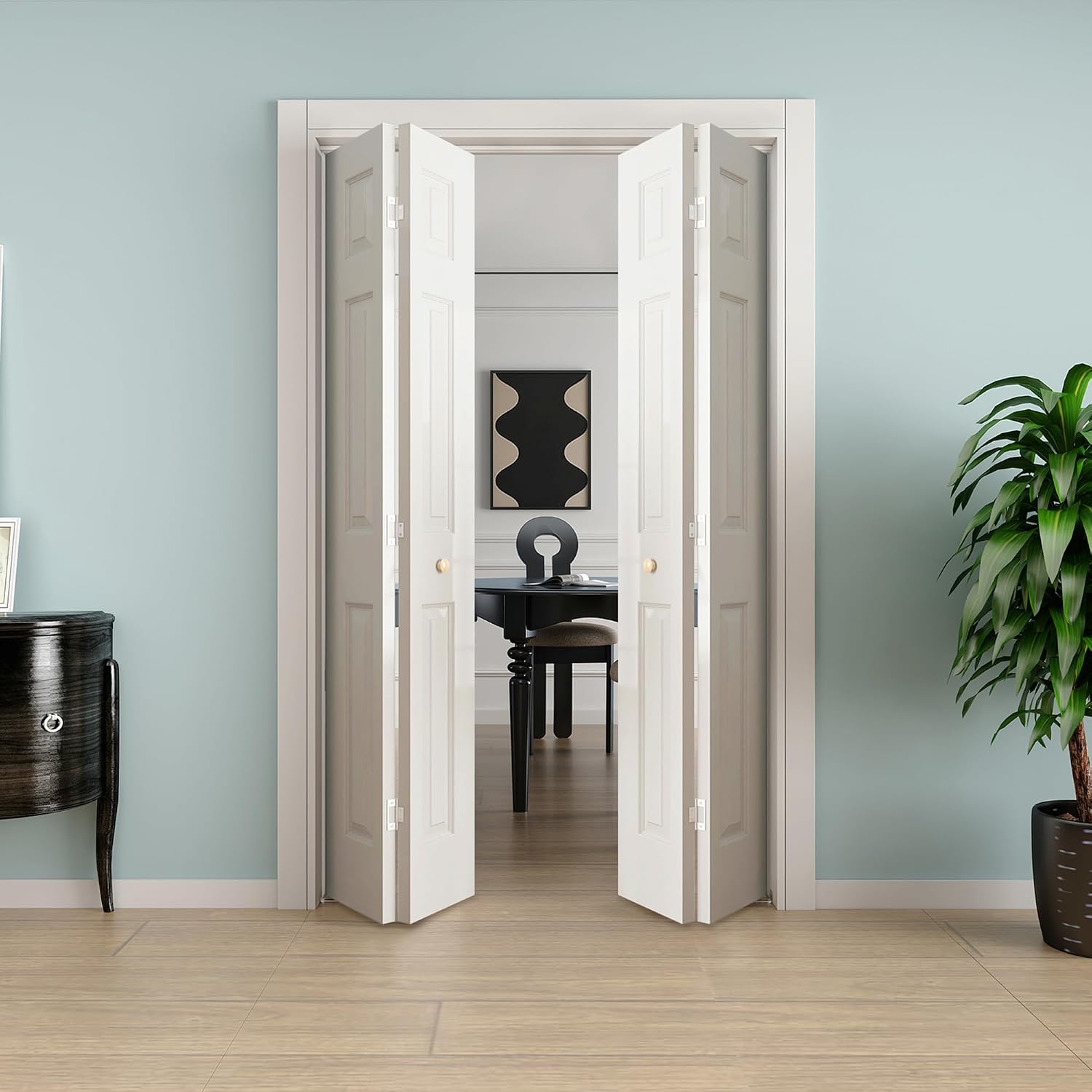 JUBEST Bifold Doors, 6 Panel Primed Bifold Closet Doors for 48'x80' Door Opening, Modern White Hollow Core Bi-Fold Door Slab with Hardware Kit & Knob, Widely Used, Primed