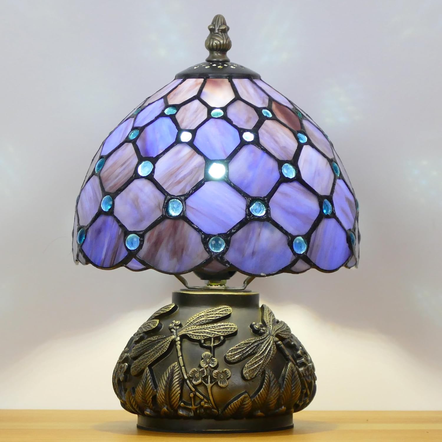 Small Tiffany Lamp Mini Stained Glass Table Lamp Purple Pearl Style Mushroom Accent Lamp 8X11 Inch