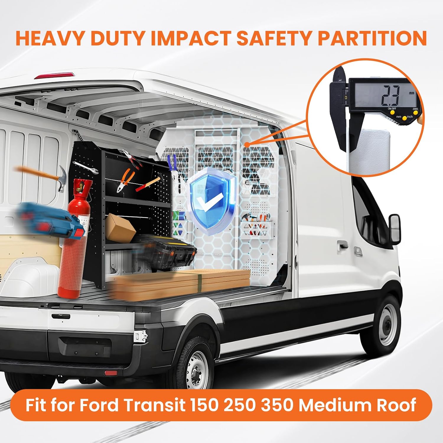 Cargo Van Partition for Ford Transit 150 250 350 Mid Roof, Hinged Center Door with Door Lock and Clear Acrylic Window,Heavy-Duty Steel Van Safety Partition Bulkhead, 2015–2025,White