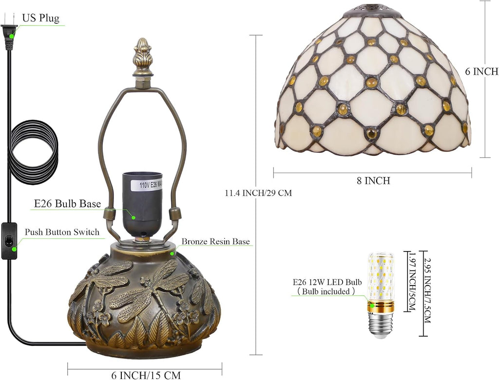 Small Tiffany Lamp Mini Stained Glass Table Lamp Cream Amber Pearl Style Mushroom Memory Sympathy Lamp 8X11 Inch