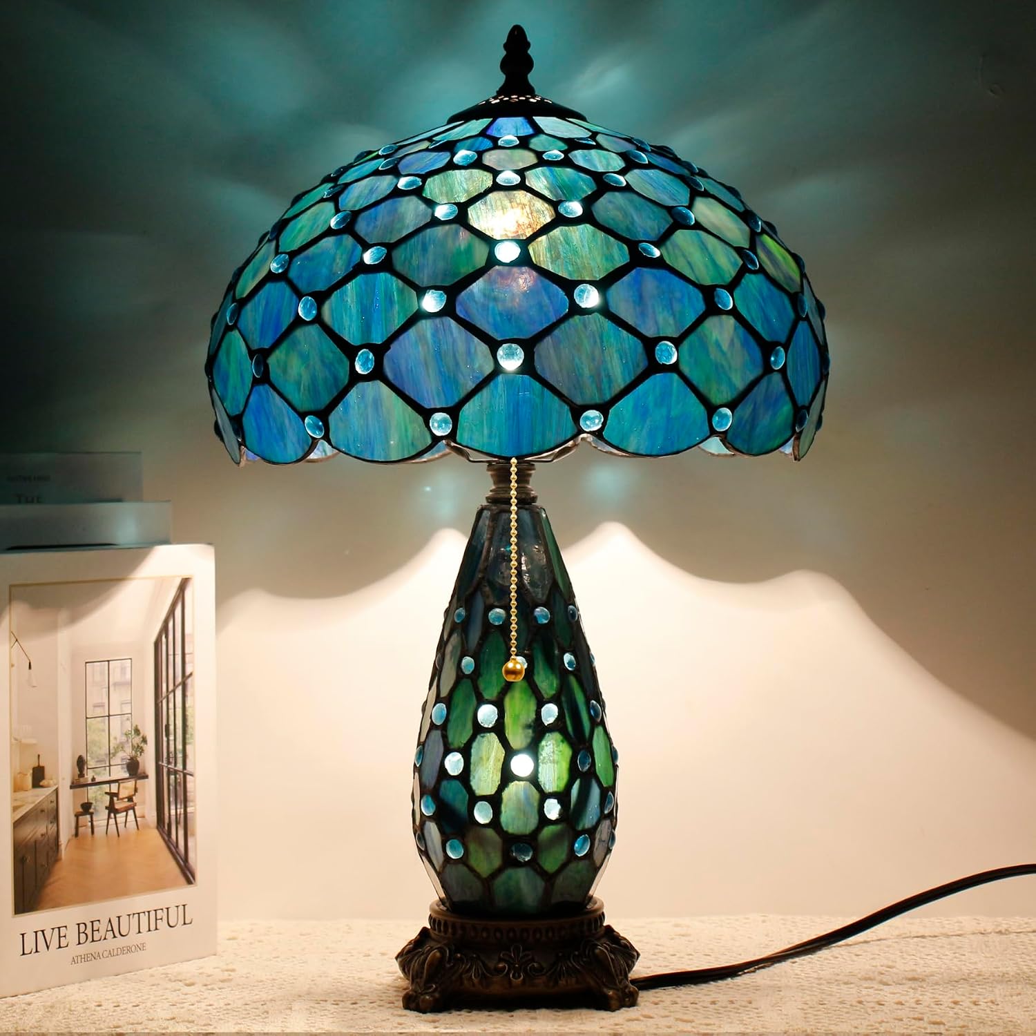Tiffany Lamp Stained Glass Table Lamp 12X19 Inches Mother Daughter Vase Desk Accent Night Light for Bedroom Bedside Reading Home Antique Style (Blue Beads)