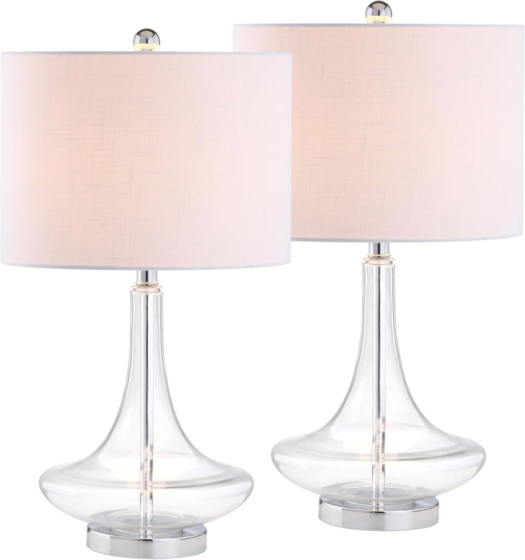 JONATHAN Y 25.5' Clear/Chrome Glass Teardrop Table Lamp Set of 2 for Bedroom, Modern Bedside Lamps for Living Room, White Linen Drum Shade, LED Bulbs Included (JYL1081C-SET2)
