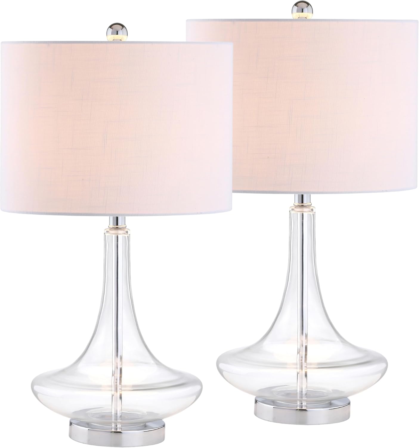 JONATHAN Y 25.5' Clear/Chrome Glass Teardrop Table Lamp Set of 2 for Bedroom, Modern Bedside Lamps for Living Room, White Linen Drum Shade, LED Bulbs Included (JYL1081C-SET2)