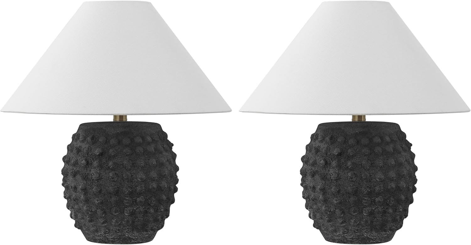 JONATHAN Y 18.25' Matte Black Ceramic Hobnail Table Lamp Set of 2 for Bedroom, Modern Minimalist Farmhouse Bedside Nightstand Lamps, White Linen Shade, LED Bulbs Included JYL5601A-SET2