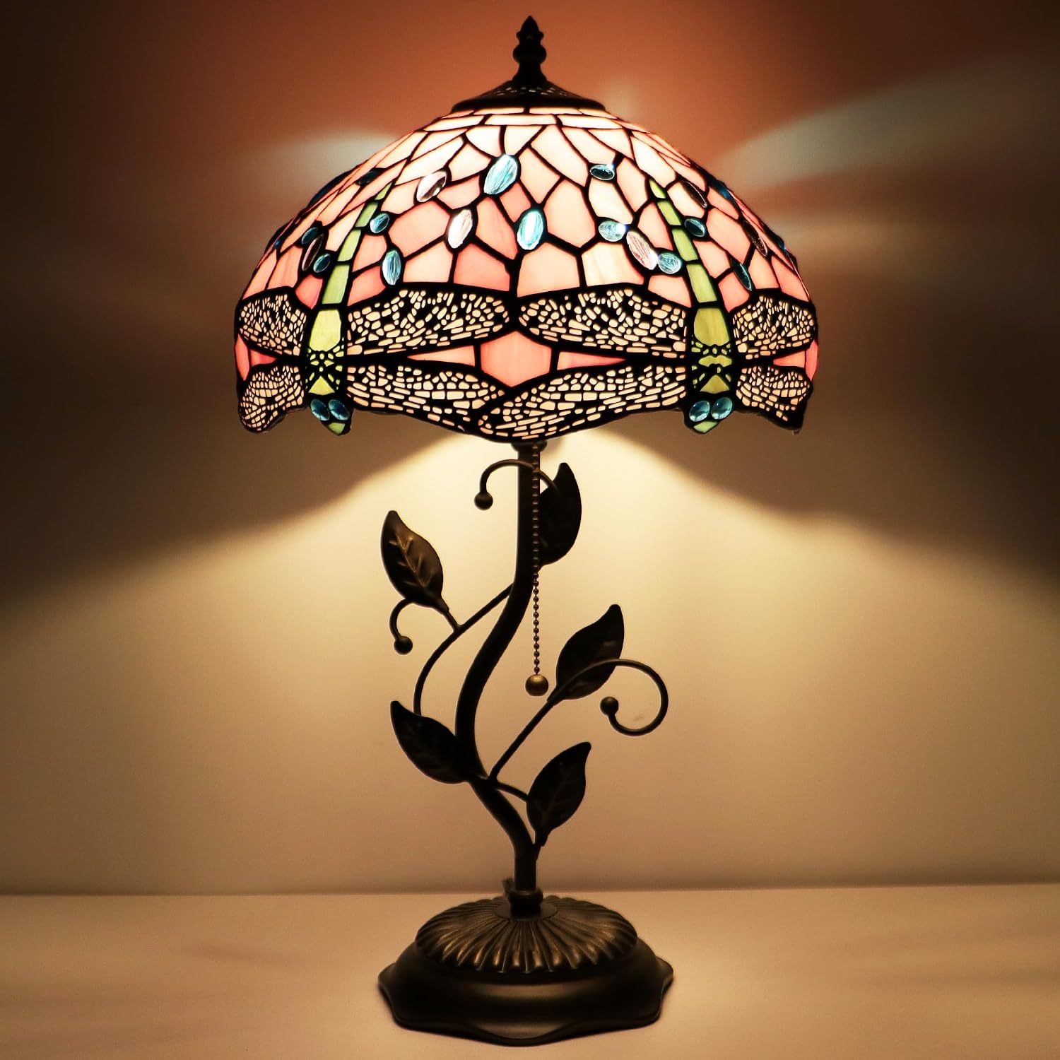 Tiffany Lamp Pink Dragonfly Style Stained Glass Table Lamp Desk Bedside Reading Light 12X12X19 Inches with Metal Leaf Base