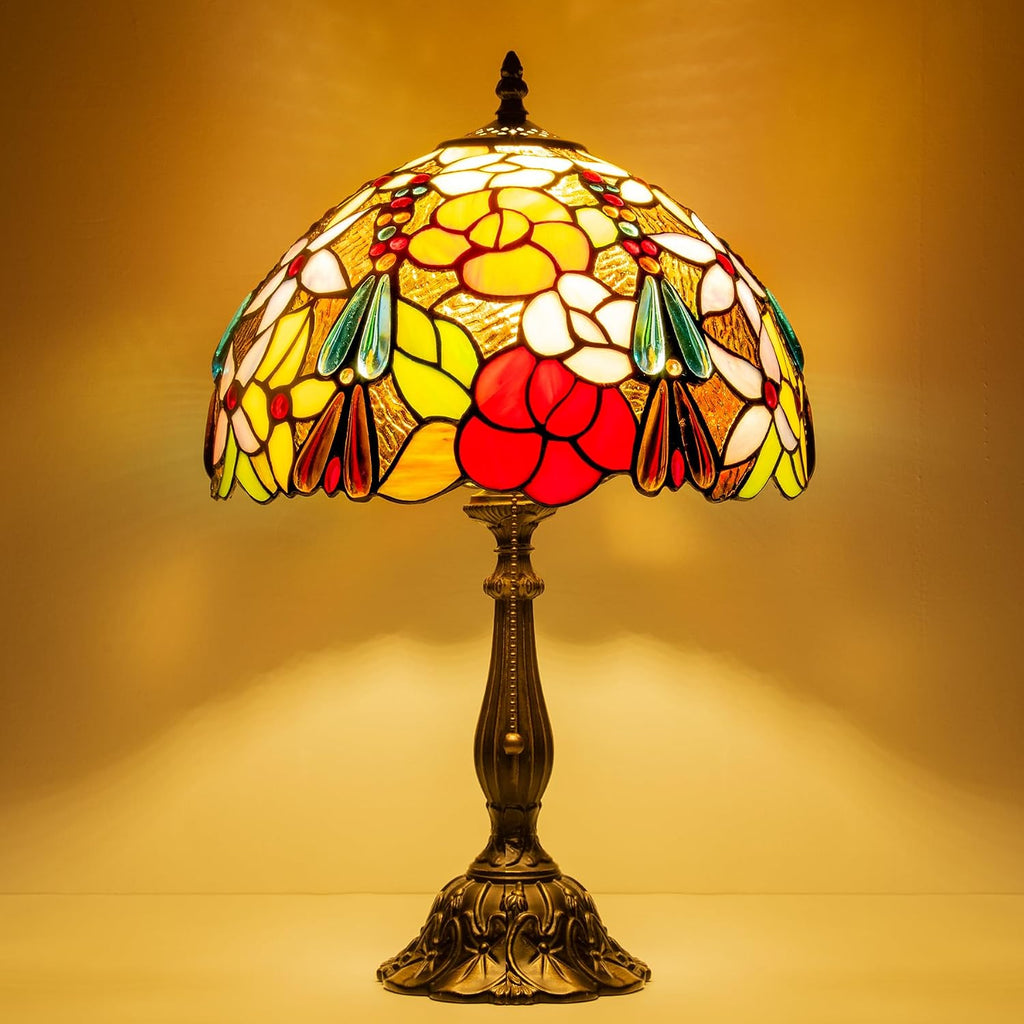 Tiffany Style Table Lamp, Stained Glass Bedside Lamp with Flower Floral Design, Vintage Handcrafted Nightstand Lamp for Living Room Bedroom Home Office