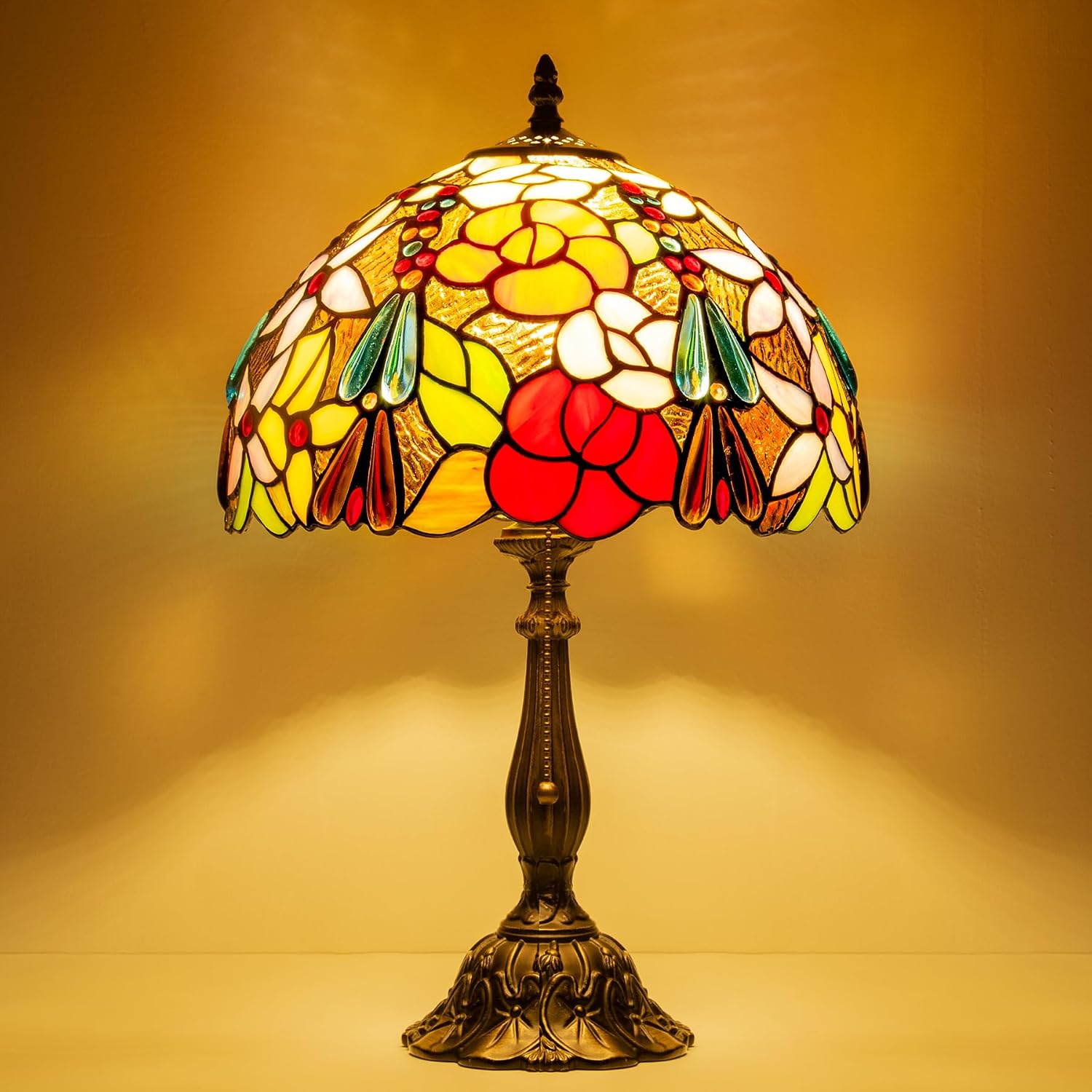Tiffany Style Table Lamp, Stained Glass Bedside Lamp with Flower Floral Design, Vintage Handcrafted Nightstand Lamp for Living Room Bedroom Home Office