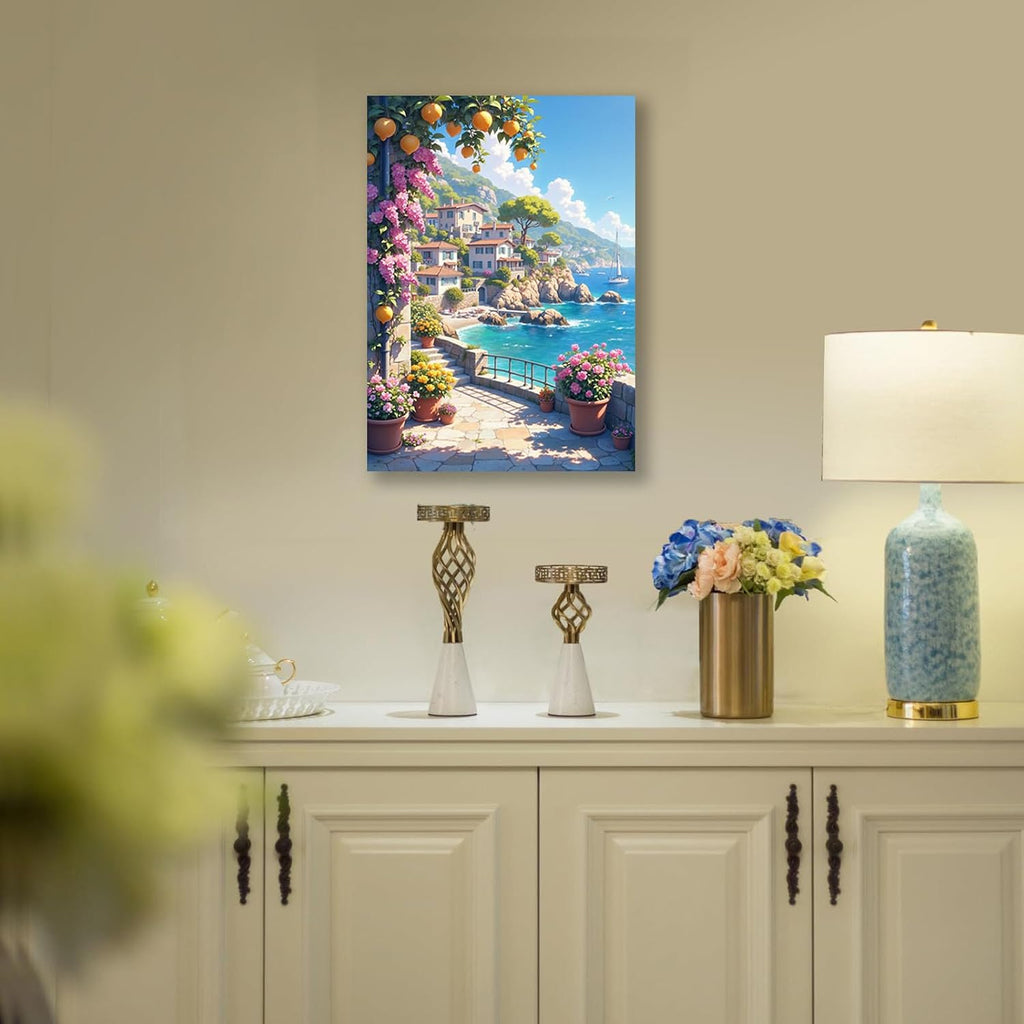 Italian Amalfi Coast Lemon Tree Garden Mediterranean Style Wall Art | Wrapped canvas, space display, nature landscape poster, Mediterranean style, no glare