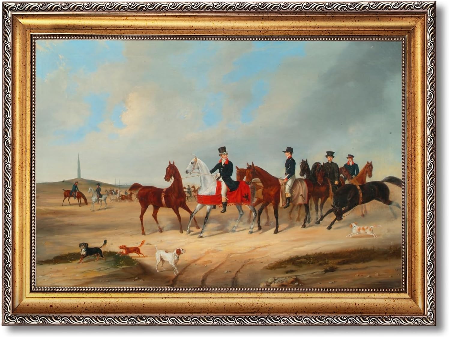 Large Framed Cavalcade with Dogs By August von Rentzel Canvas Wall Art Vintage European Hunting Oil Paintings Reproduction Poster Fox Hunt Equestrian Scene Artwork Prints Home Decor 24x36inch