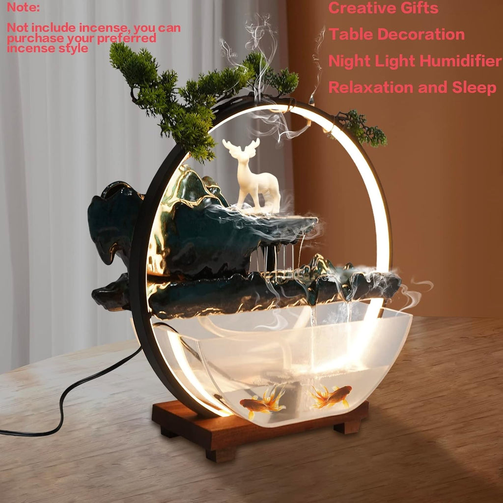 17Inch Mini Fish Tank Tabletop Decoration Indoor Waterfall Fountains Humidifier with LED Light and Atomizer Mist, Water Fountain Japanese Zen Decor Meditation Fake Plants Bonsai Gift