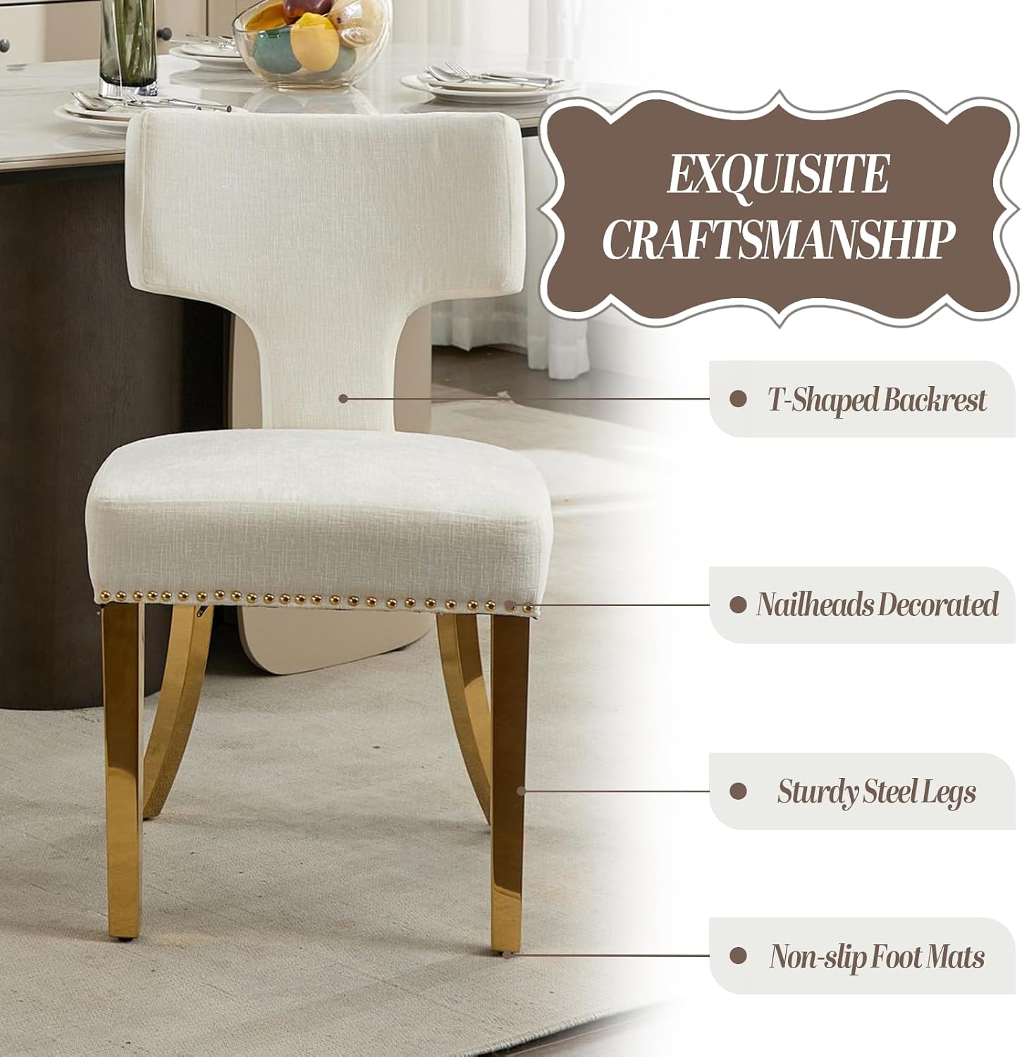 Dining Chair Set of 2 Linen Fabric Curved Backrest Farmhouse Mid Century Accent Upholstered Kitchen Chairs with Gold Legs and Foot Pad for Dining Room/Living Room/Restaurant,Beige