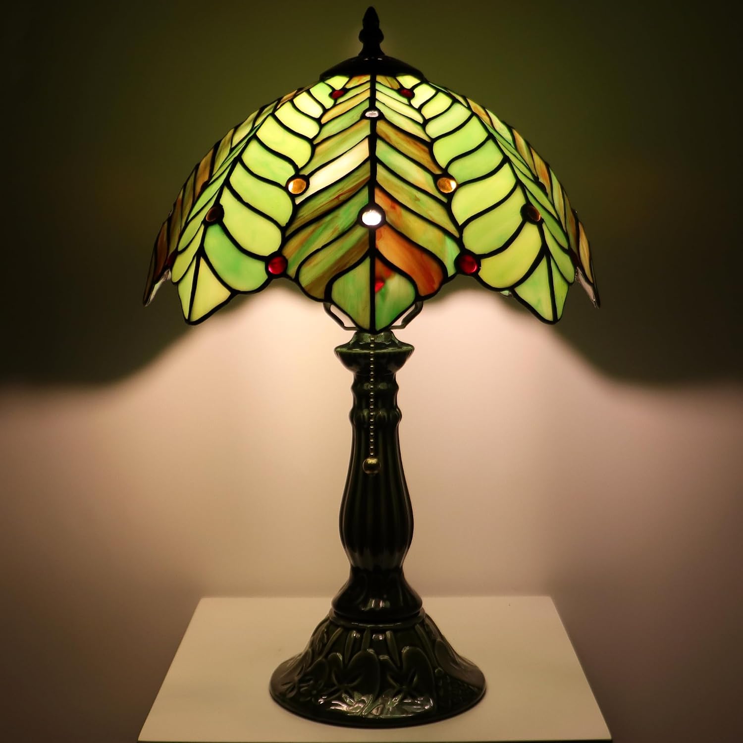 Tiffany Lamp Stained Glass Table Lamps Brown Green Coconut Leaves Style Desk Lamp 12X12X18.5 Inch Bronze Ceramic Base Reading Light Suitable for Bedside Bedroom Living Room Dining Room Office