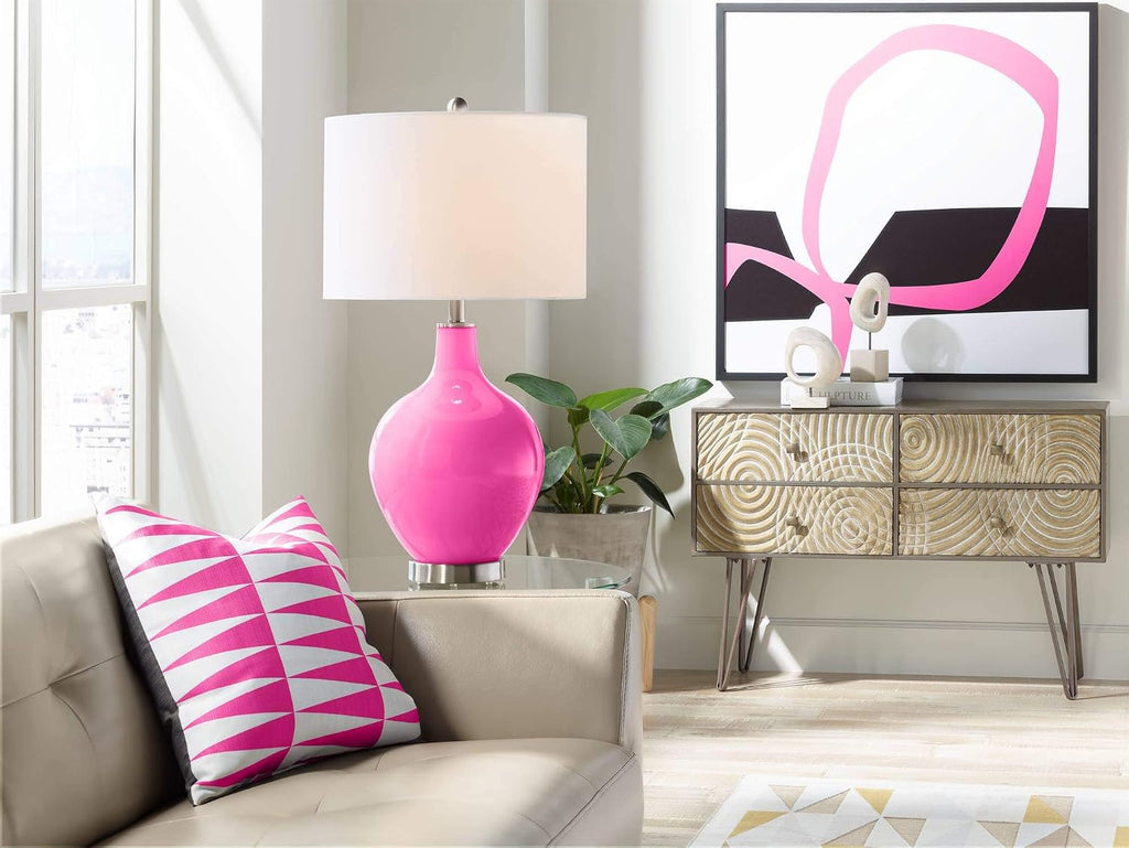 Color + Plus Modern Table Lamp 28.5' Tall Blossom Pink Glass OVO White Linen Drum Shade for Living Room Family Bedroom Bedside Nightstand