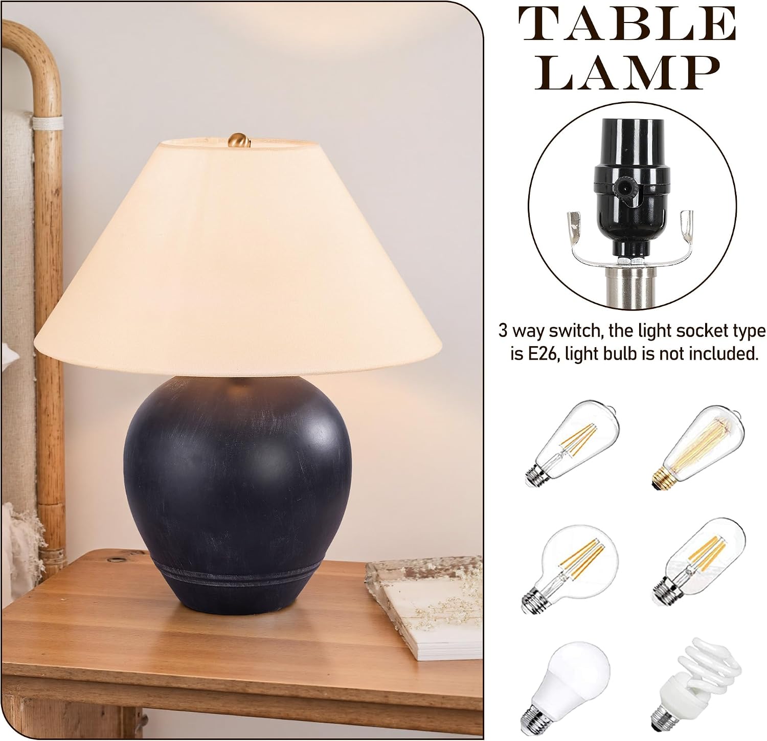 Pia Ricco 21'' Medium Size Black Glossy Ceramic Base Ceramic Basin Table Lamp Set of 2 for Bedroom, Living Room, Dining Room, Office, White Shade,Black Base