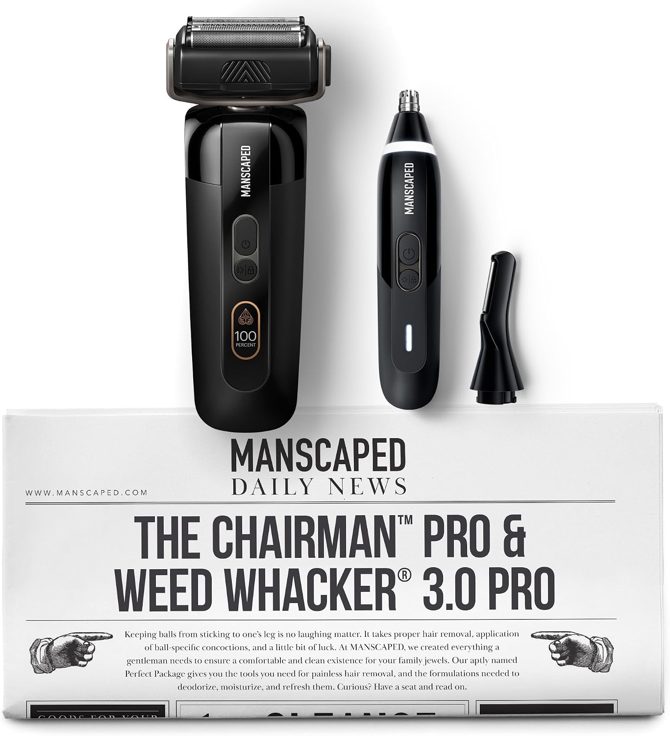 MANSCAPED® The Chairman™ PRO Men's Electric Foil Face Shaver & Weed Whacker® 3.0 PRO Dual-Blade Nose, Ear & Eyebrow Hair Trimmer – SkinSafe® & FlexAdjust Technology, Travel Locks, Waterproof