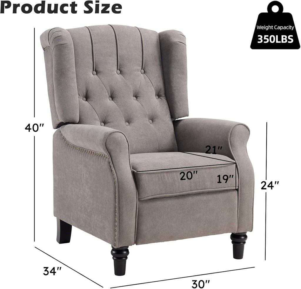 IOMOR Push Back Recliner Chair Fabric Lounge Armchair Pushback Recliner with Rivet Decoration Wingback Single Sofa Chair with Padded Seat for Living Room, Bedroom (1, Grey)