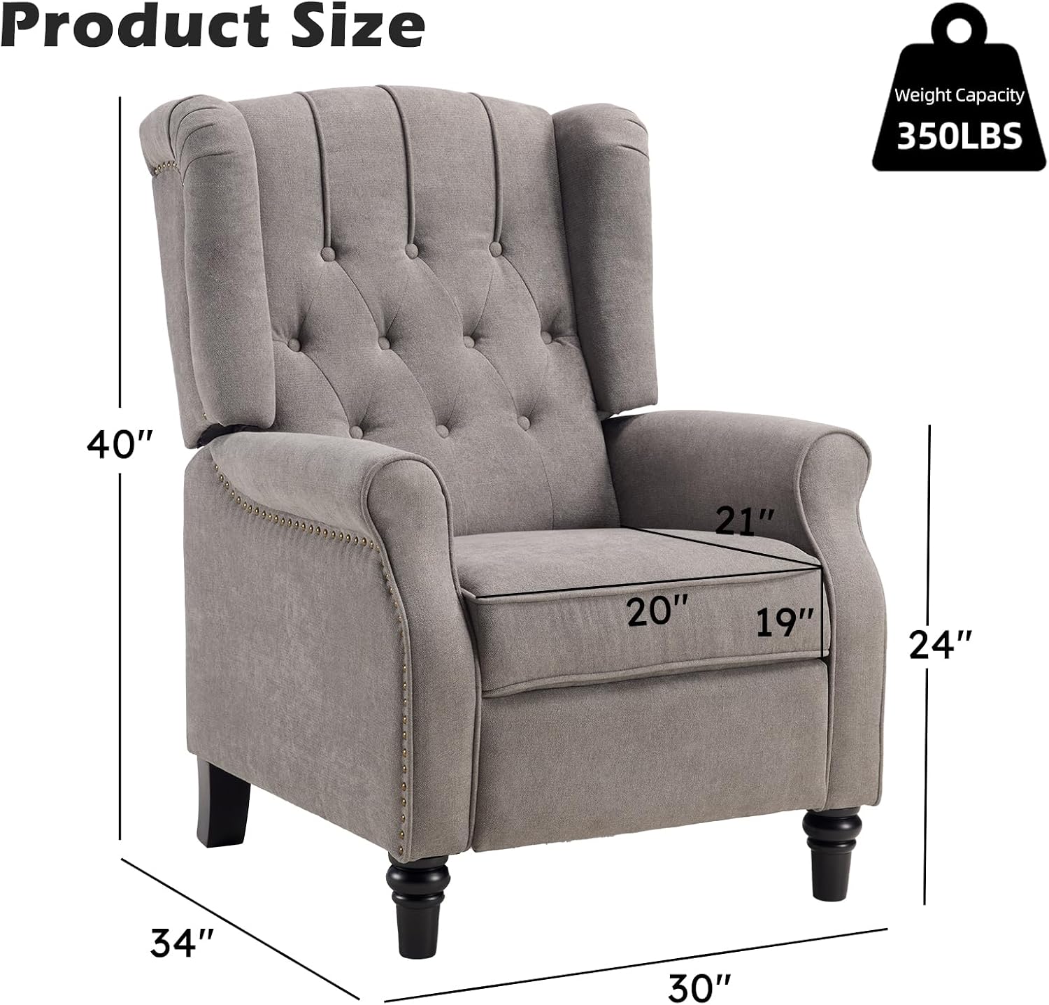IOMOR Push Back Recliner Chair Fabric Lounge Armchair Pushback Recliner with Rivet Decoration Wingback Single Sofa Chair with Padded Seat for Living Room, Bedroom Set of 2, Grey