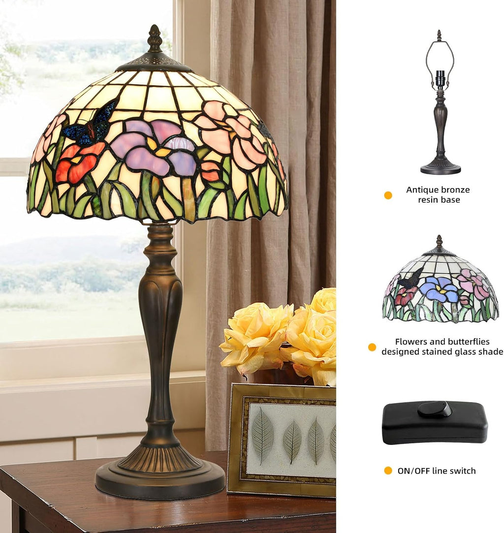 TL0001 Tiffany Table Lamp Handmade Stained Glass Flowers Butterfly Design Lampshade Reading Desk Light 12X21.5 Inches for Bedroom Living Room Home Office,LED Bulb Included