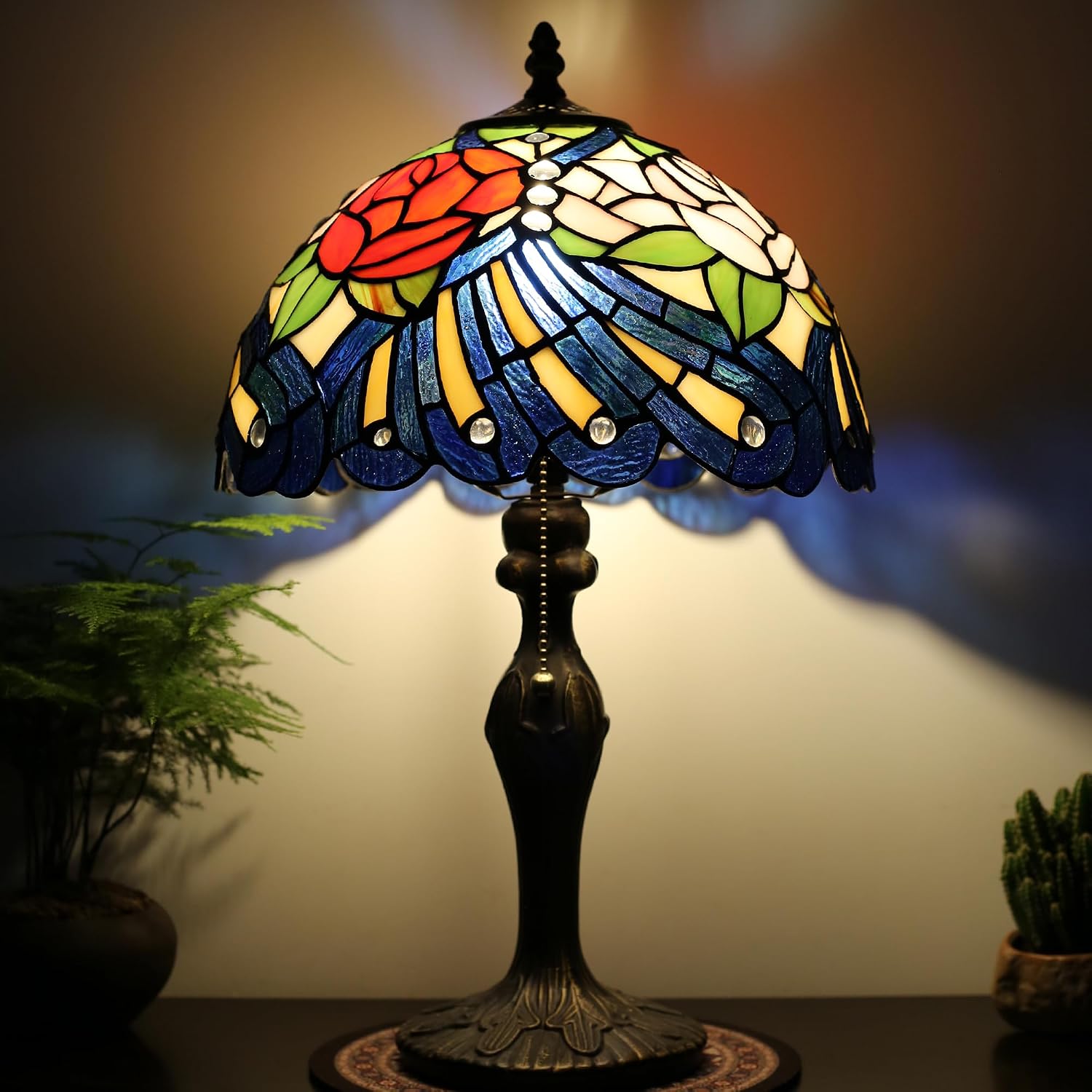 Tiffany Lamp Stained Glass Table Lamp 12' x 19' Pink Red Rose Style Decorative Lamp Bedside Reading Lamp for Desk Living Room Bedroom Office Study Light Home Decor Gift