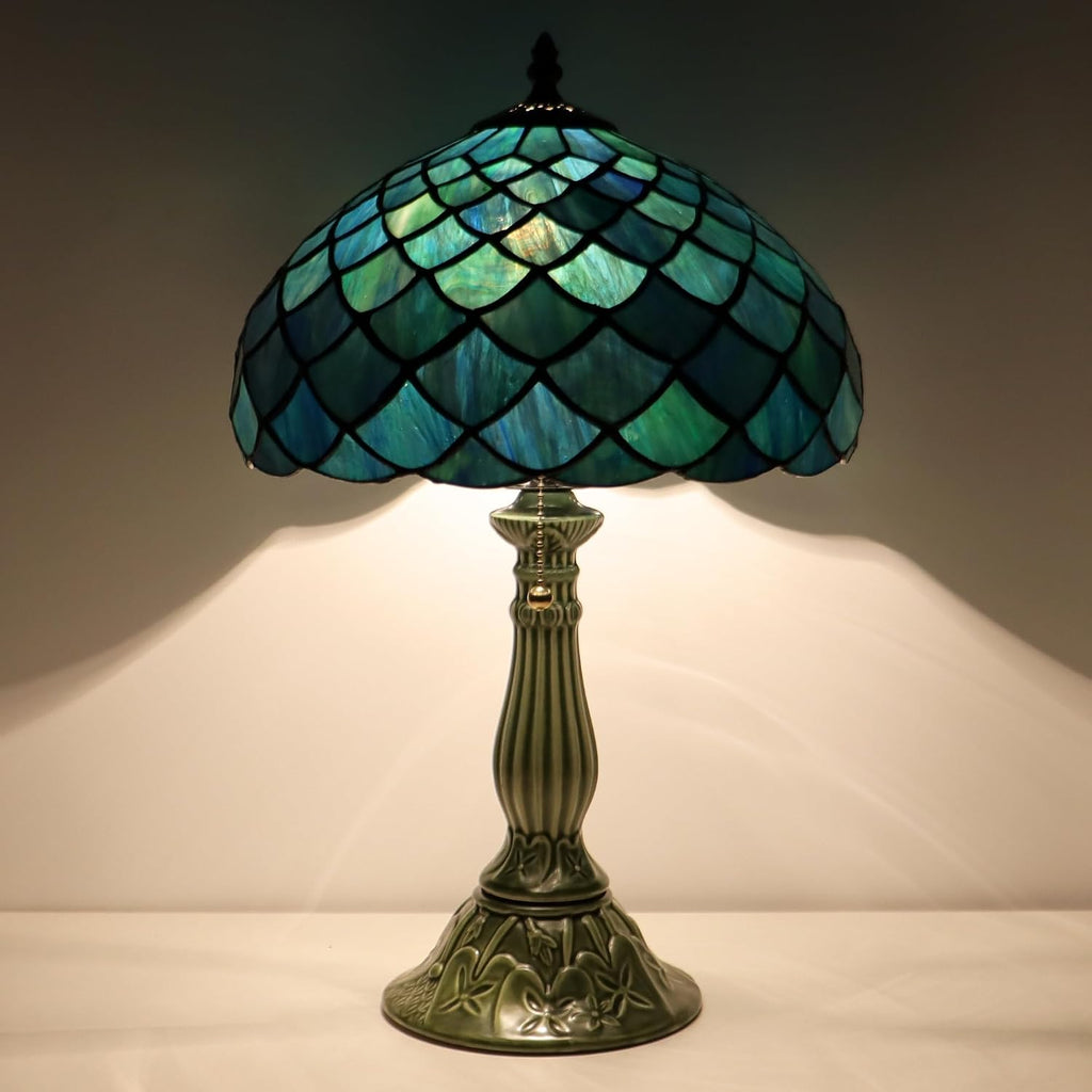 Tiffany Lamp Stained Glass Table Lamps Sea Blue Fish Scales Style Desk Lamp12X12X18.5 Inch Bronze Ceramic Base Reading Light Suitable for Bedside Bedroom Living Room Dining Room Office
