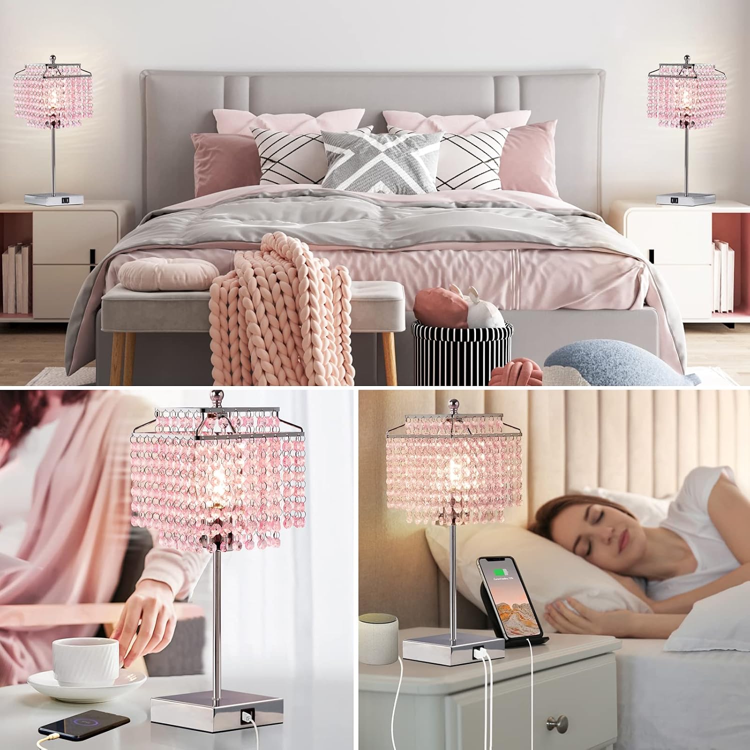 Luvkczc Tables Lamp and Floor Lamp Set, Crystal Table Lamp with USB Ports+Crystal Floor Lamps Set of 2, Morden Lamps for Living Room, Bedroom, Office, Pink