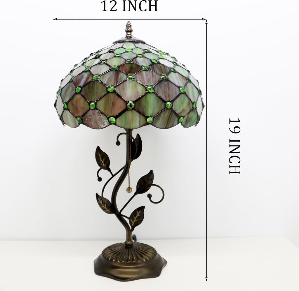 Tiffany Lamp Amber Green Pearl Style Stained Glass Table Lamp Desk Bedside Reading Light 12X12X19 Inches with Metal Leaf Base