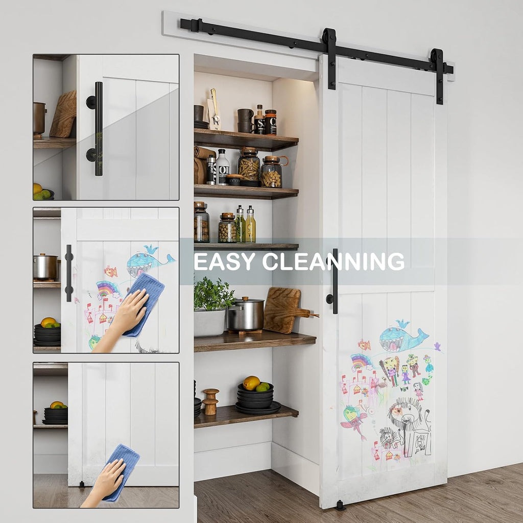 30''x 80'' Sliding Barn Door with 6.6 Ft Barn Door Hardware Kit& Handle& Floor Guides,Pre-Drilled Holes Easy Assembly - Include Installation Manual, Water-Proof PVC Surface, H-Frame, White