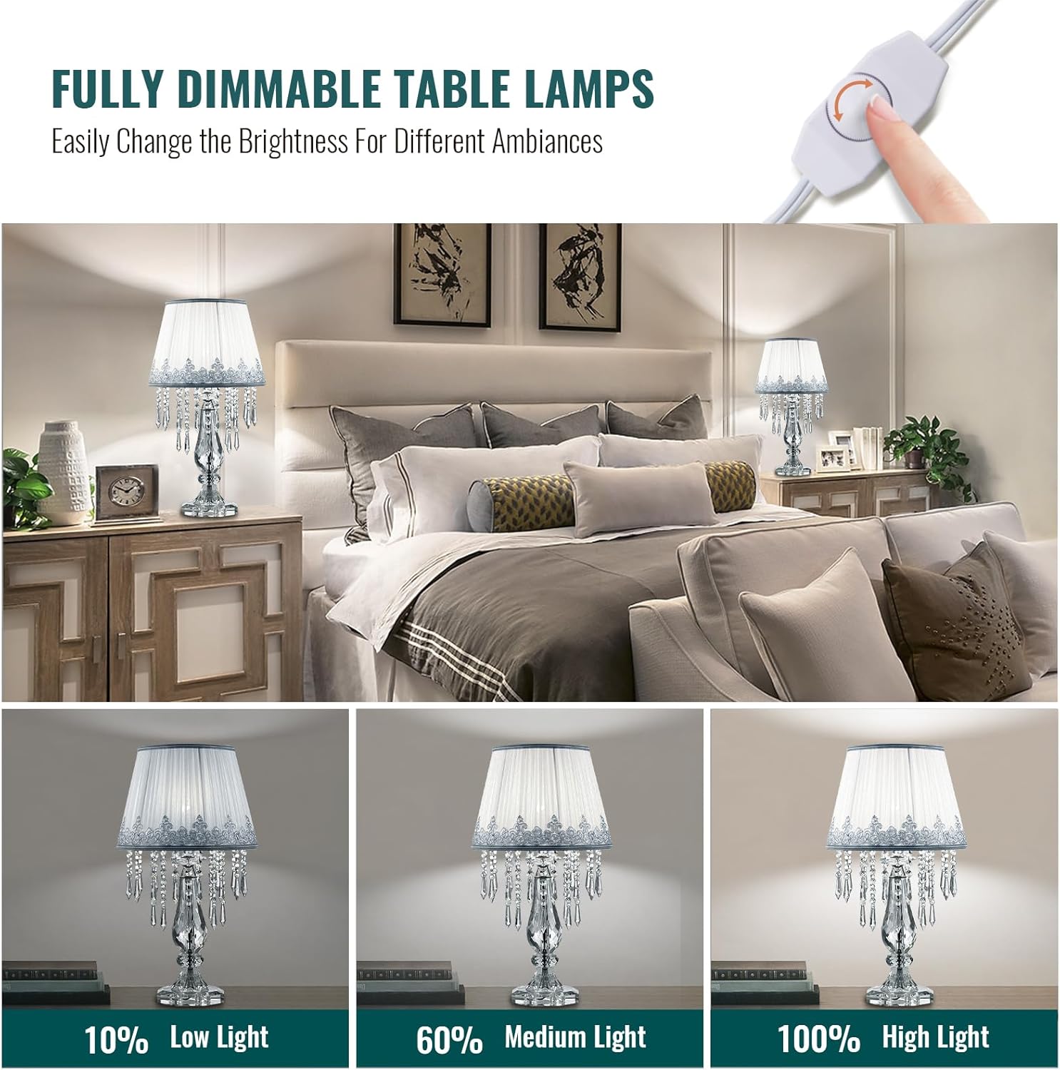 Siljoy Crystal Table Lamp Set of 2, Dimmable Bedside Lamp with Fabric Shades, Farmhouse Nightstand Lamps with K9 Crystal Strands for Living Room Bedroom 22.8 High