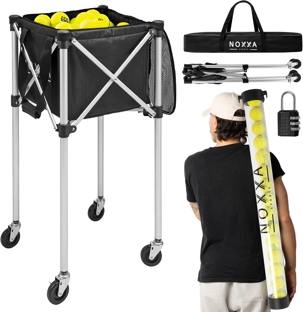 Tennis and Pickleball Ball Hopper with Pickup Tube – Pickleball Tennis Ball Basket with Wheels, 150 Tennis Ball or 120 Pickleball Ball Holder Capacity, Indoor and Outdoor