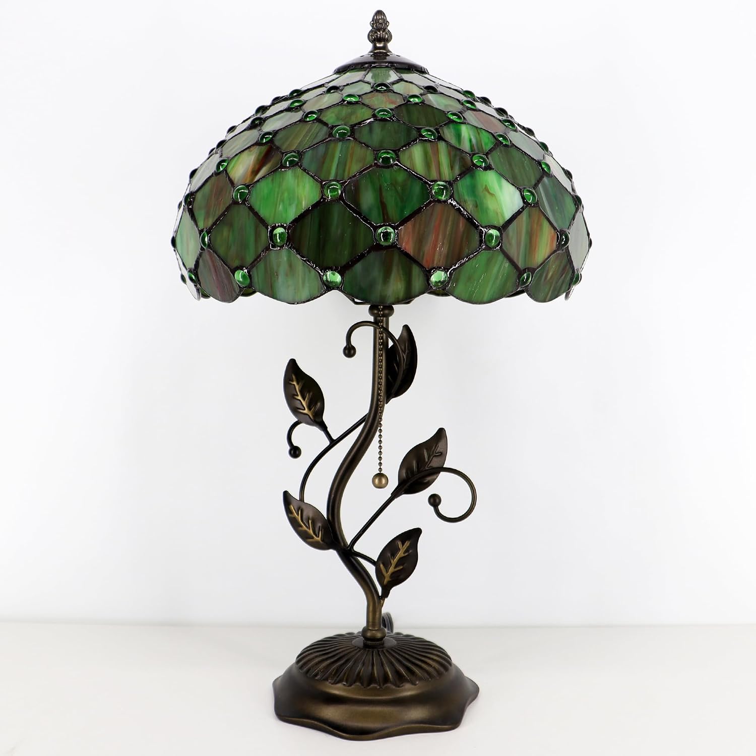 Tiffany Lamp Brownish Green Pearl Style Stained Glass Table Lamp Desk Bedside Reading Light 12X12X19 Inches with Metal Leaf Base