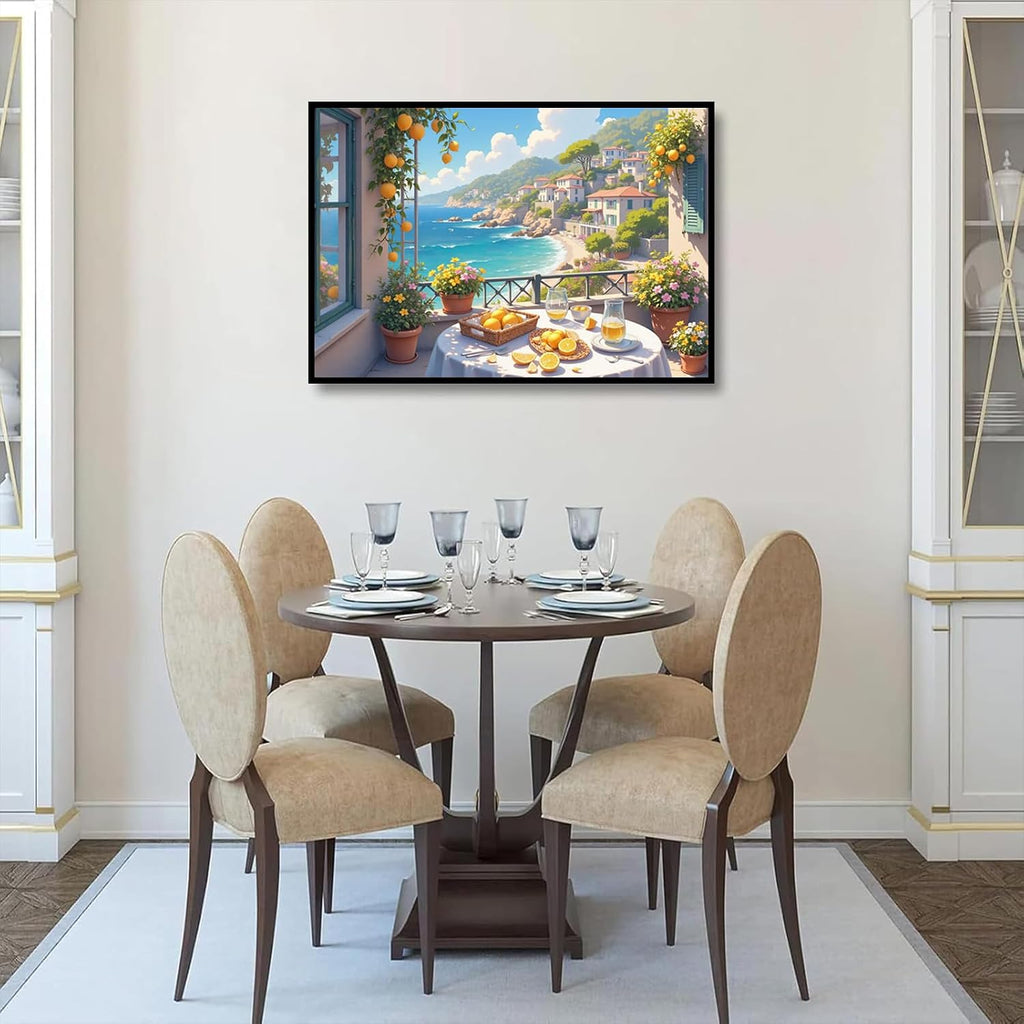 Italian Amalfi Coast Lemon Tree Garden Mediterranean Wall Art Travel Poster | Metal Framed canvas, for resort suites, mediterranean style, guest suite decor, mediterranean vacation vibe